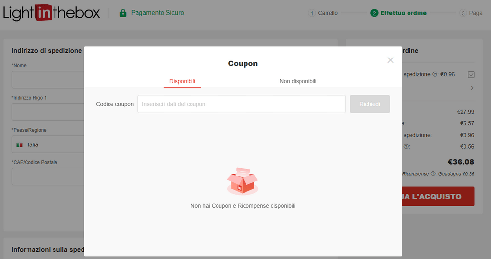 passo 2: applicare il coupon lightinthebox