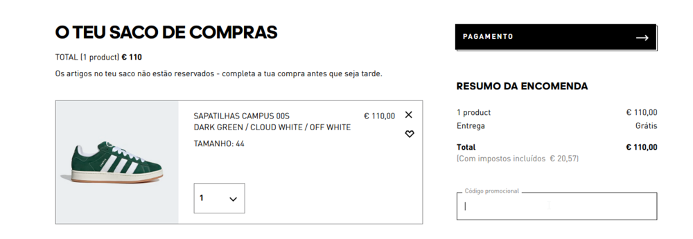 como aplicar o código promocional Adidas