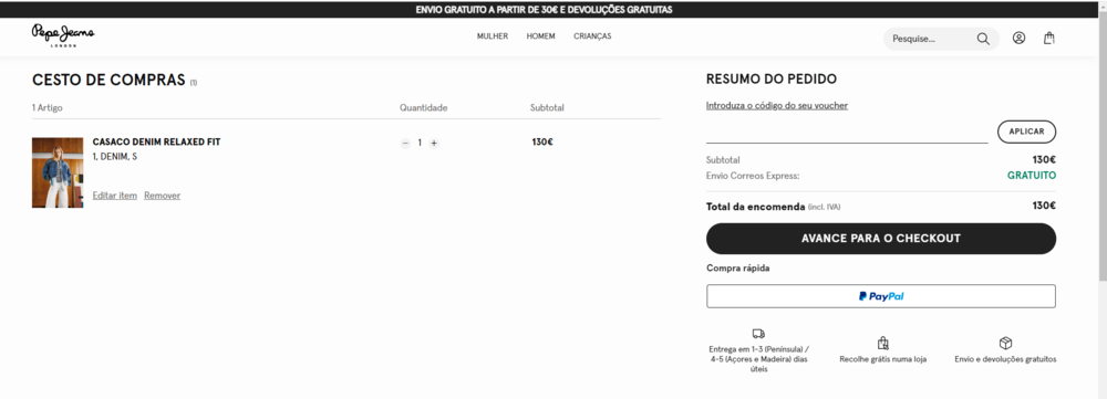 como aplicar o código promocional Pepe Jeans