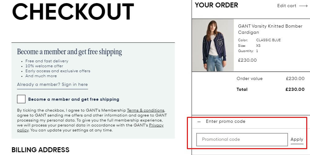 how to apply promo code GANT