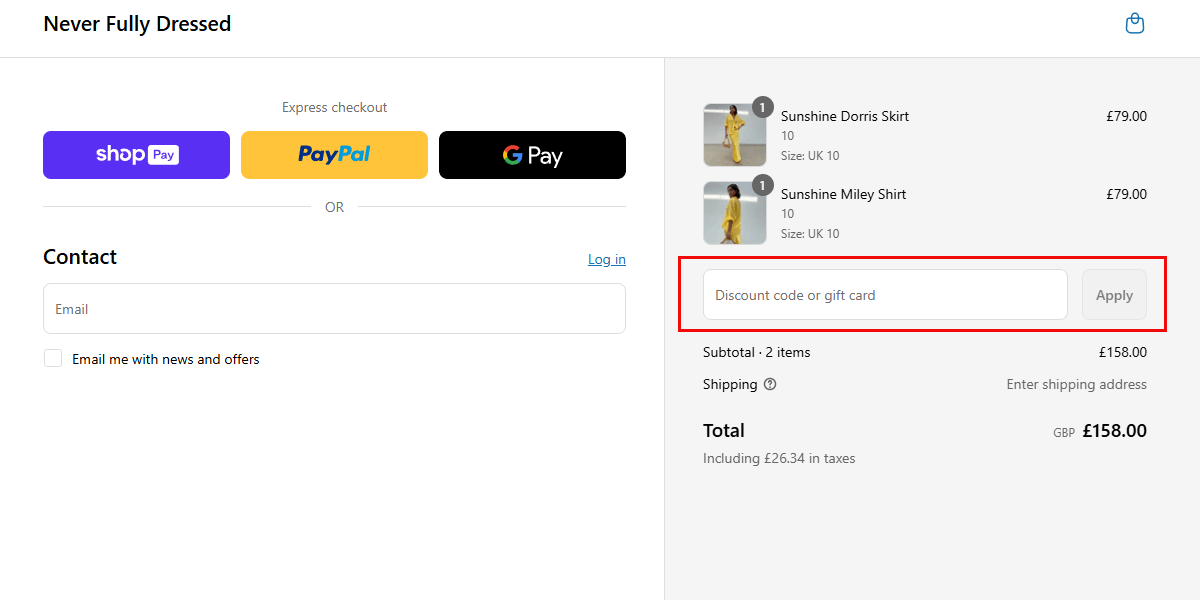 redeem discount code never fully dressed