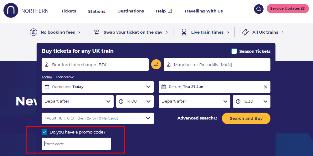 how to apply promo code Northern Rail