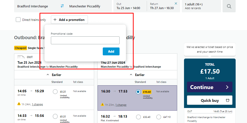 how to use a promo code Northern Rail