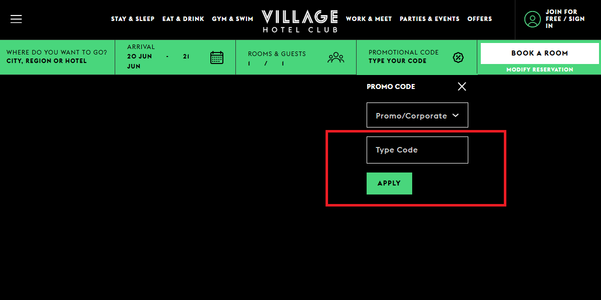redeem promo code village hotels